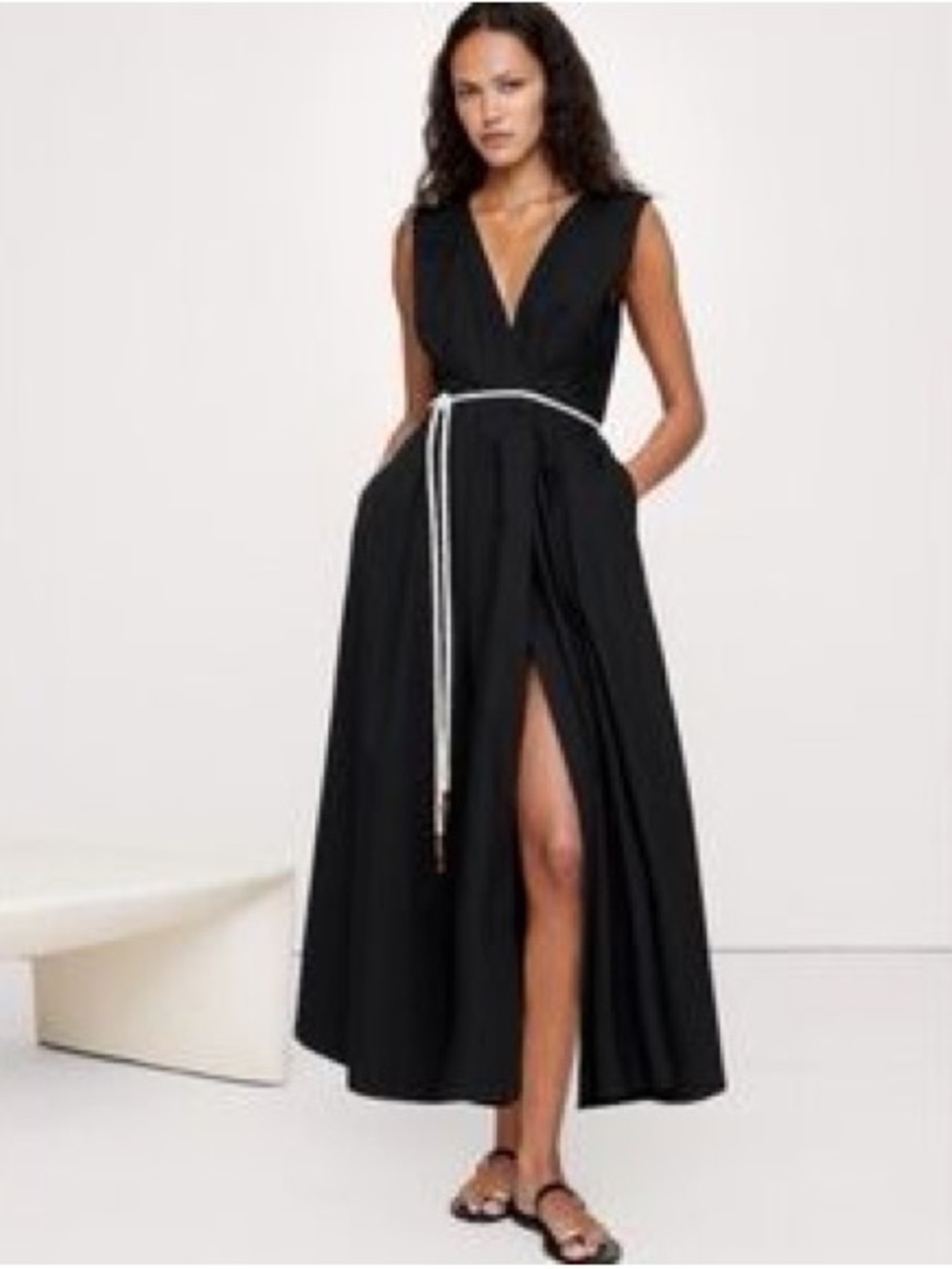Banana Republic Cotton Poplin Wrap Maxi Dress LBD Black Resortwear Wedding Guest